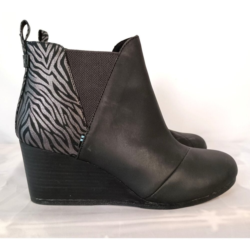 Toms Kelsey Black Leather Wedge Booties Womens 11 OrthoLite Comfort NWT